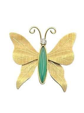 Krementz textured gold tone butterfly insect brooch pin green stone cabochon
